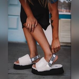 UGG Disco Slide White Platform Fluffy Slippers